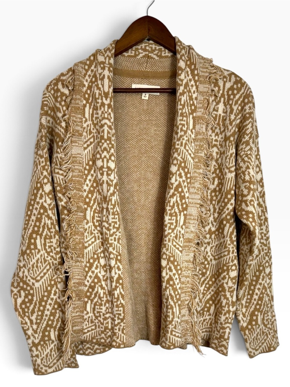 Lucky Brand Tan & Cream Southwestern Print Fringe Trim Open Front Cardigan Small